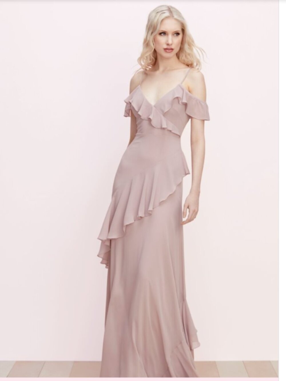 Watters Ruffled Chiffon V-Neck Bridesmaid Dress Gown